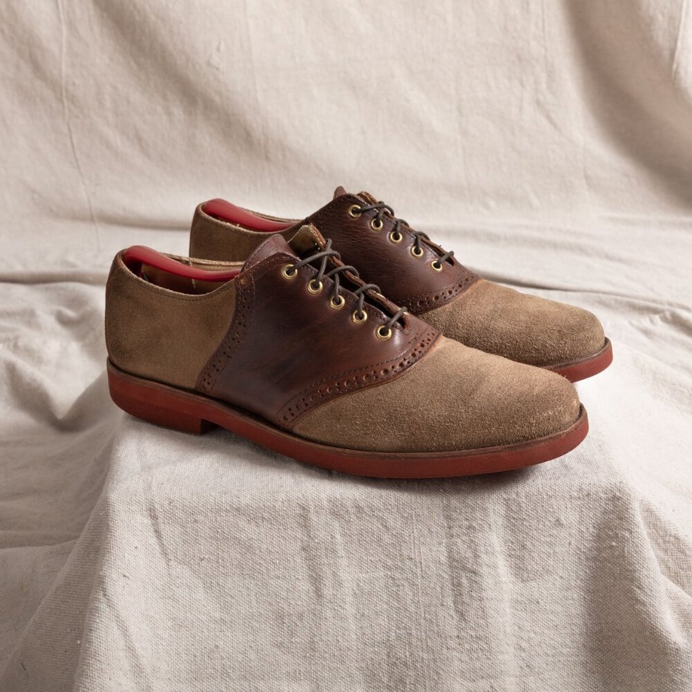 Vintage 90s Cole Haan Suede Saddle Oxford Brogue Shoes Tan Brown 10M Prep Trad - Picture 5 of 13